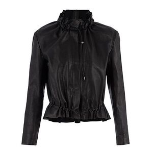 Maje Black Leather Drawstring Bomber Jacket